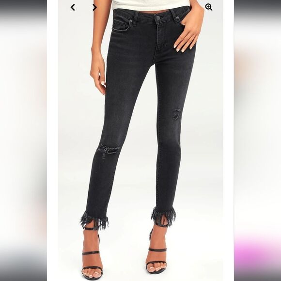 Free People Great Heights Frayed Skinny Denim Pants Black fluffy raw size 24 - Picture 1 of 10